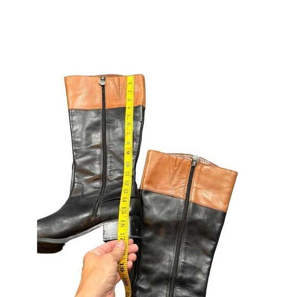 s-l400.jpg Franco Sarto Chip Black Leather Brown Wide Calf Riding Boots Embossed Crest Size